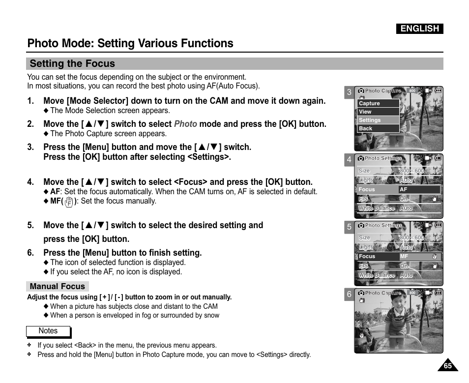 Setting the focus, Photo mode: setting various functions, English | Samsung VP-X110L User Manual | Page 65 / 140