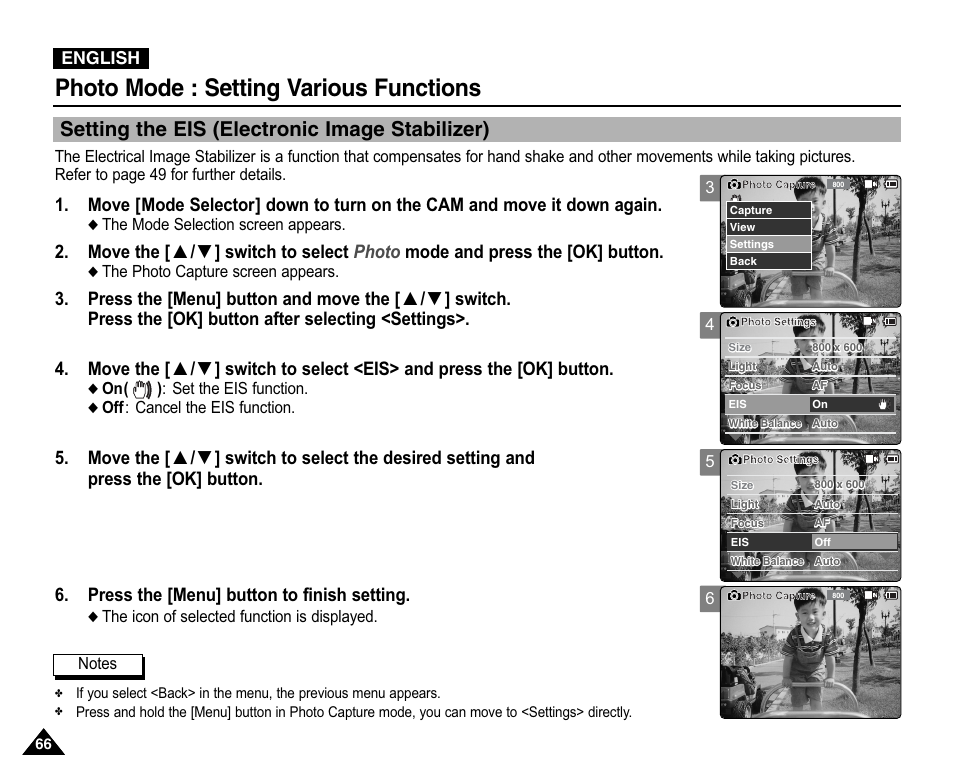 Setting the eis (electronic image stabilizer), Photo mode : setting various functions | Samsung VP-X110L User Manual | Page 66 / 140