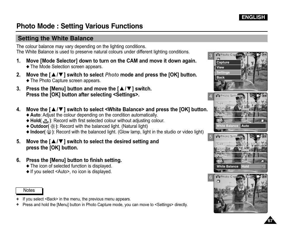 Setting the white balance, Photo mode : setting various functions | Samsung VP-X110L User Manual | Page 67 / 140