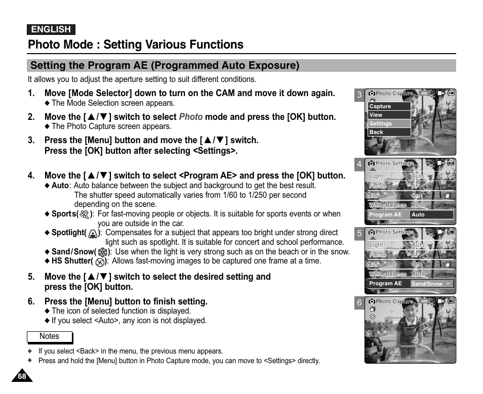 Setting the program ae (programmed auto exposure), Photo mode : setting various functions | Samsung VP-X110L User Manual | Page 68 / 140