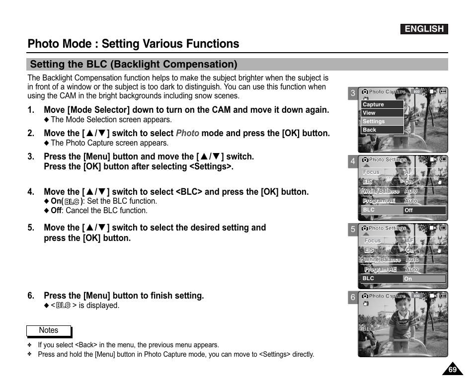 Setting the blc (backlight compensation), Photo mode : setting various functions, English | Samsung VP-X110L User Manual | Page 69 / 140