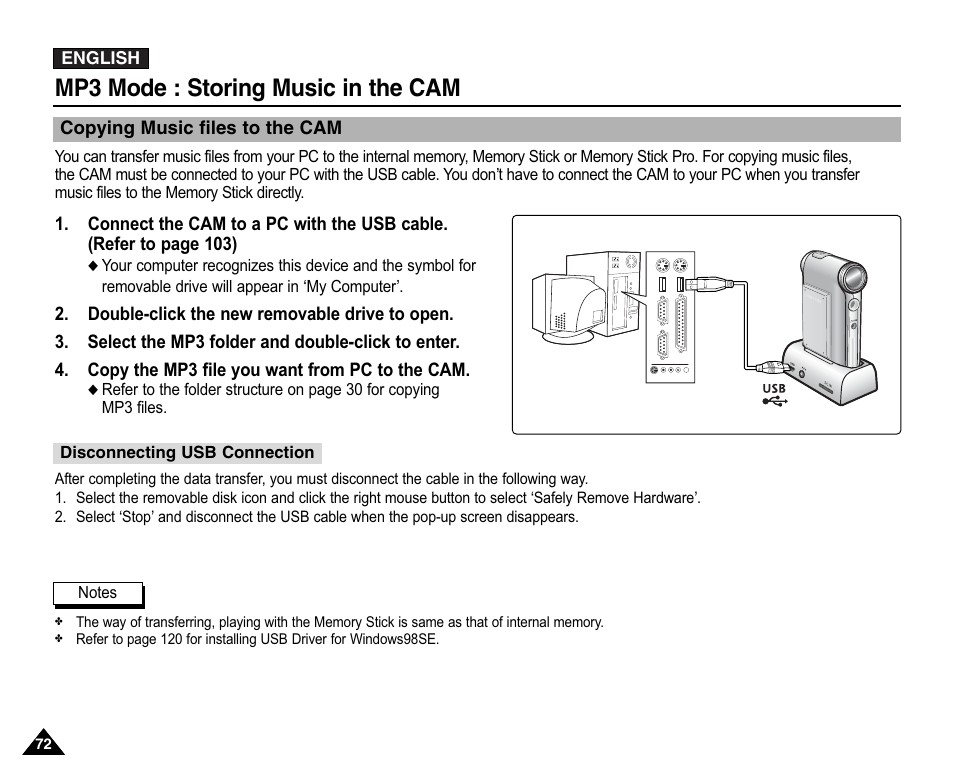 Storing music in the cam, Copying music files to the cam, Mp3 mode : storing music in the cam | Samsung VP-X110L User Manual | Page 72 / 140