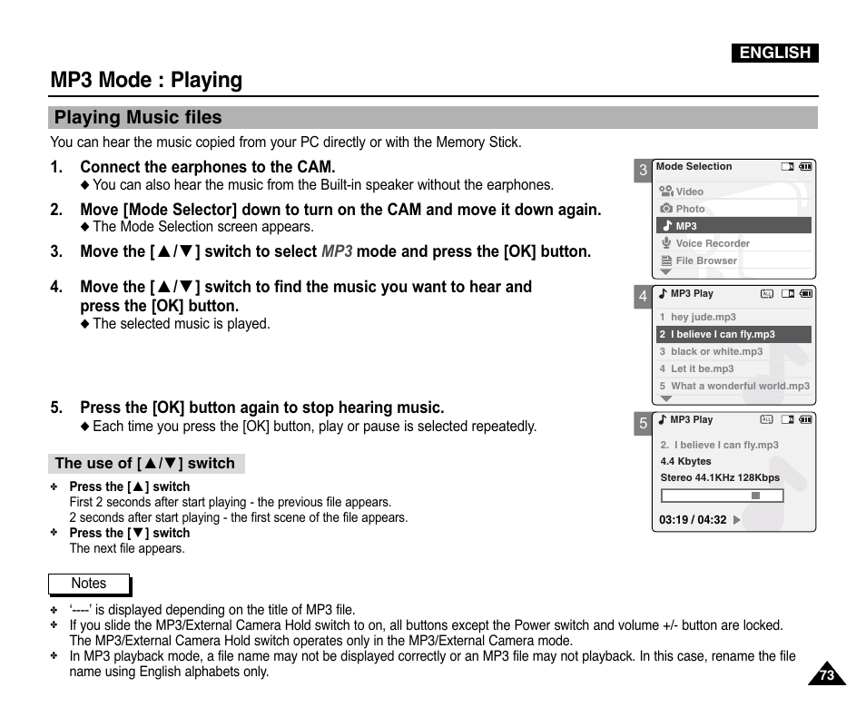 Playing, Playing music files, Mp3 mode : playing | Samsung VP-X110L User Manual | Page 73 / 140