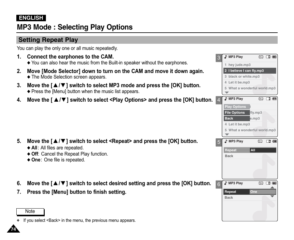 Selecting play options, Setting repeat play, Mp3 mode : selecting play options | Samsung VP-X110L User Manual | Page 74 / 140