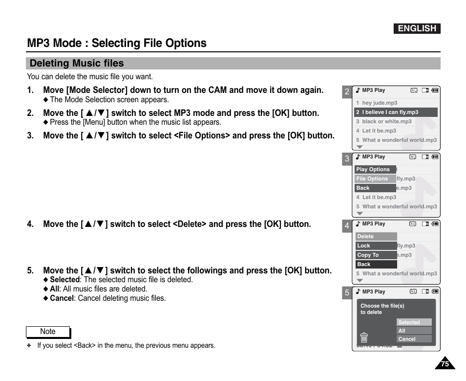 Selecting file options, Deleting music files, Mp3 mode : selecting file options | Samsung VP-X110L User Manual | Page 75 / 140