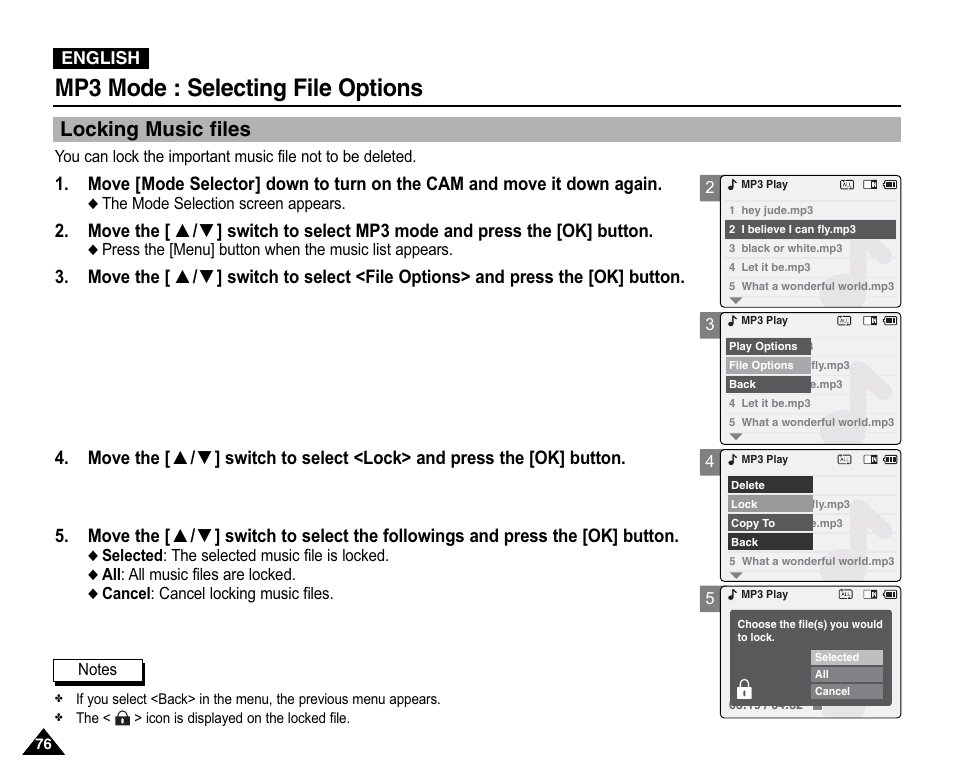 Locking music files, Mp3 mode : selecting file options | Samsung VP-X110L User Manual | Page 76 / 140