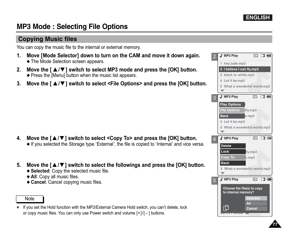 Copying music files, Mp3 mode : selecting file options | Samsung VP-X110L User Manual | Page 77 / 140