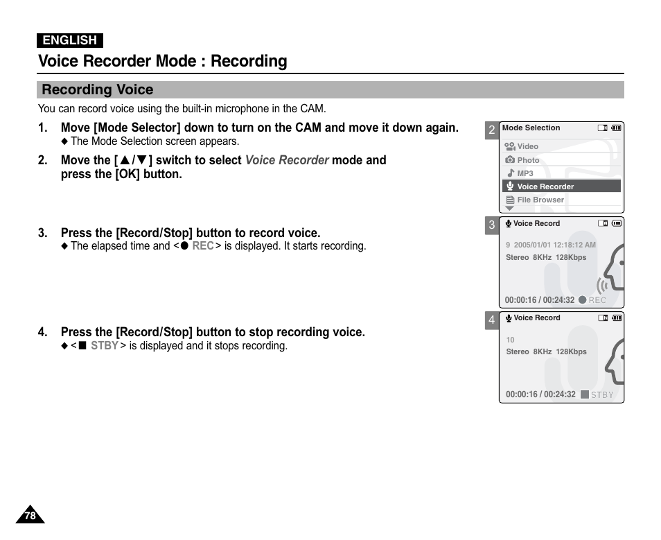 Voice recorder mode, Recording, Recording voice | Voice recorder mode : recording | Samsung VP-X110L User Manual | Page 78 / 140