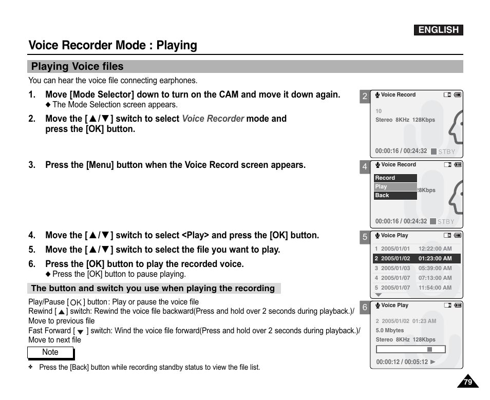 Playing, Playing voice files, Voice recorder mode : playing | Samsung VP-X110L User Manual | Page 79 / 140