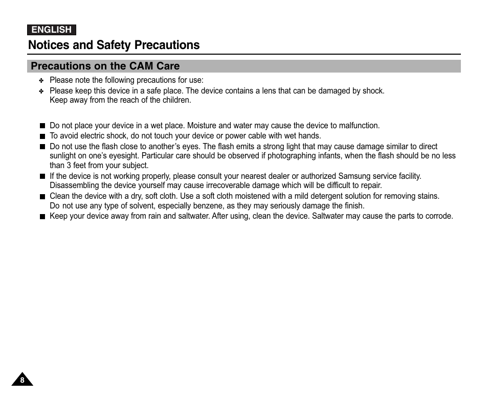 Notices and safety precautions, Precautions on the cam care | Samsung VP-X110L User Manual | Page 8 / 140