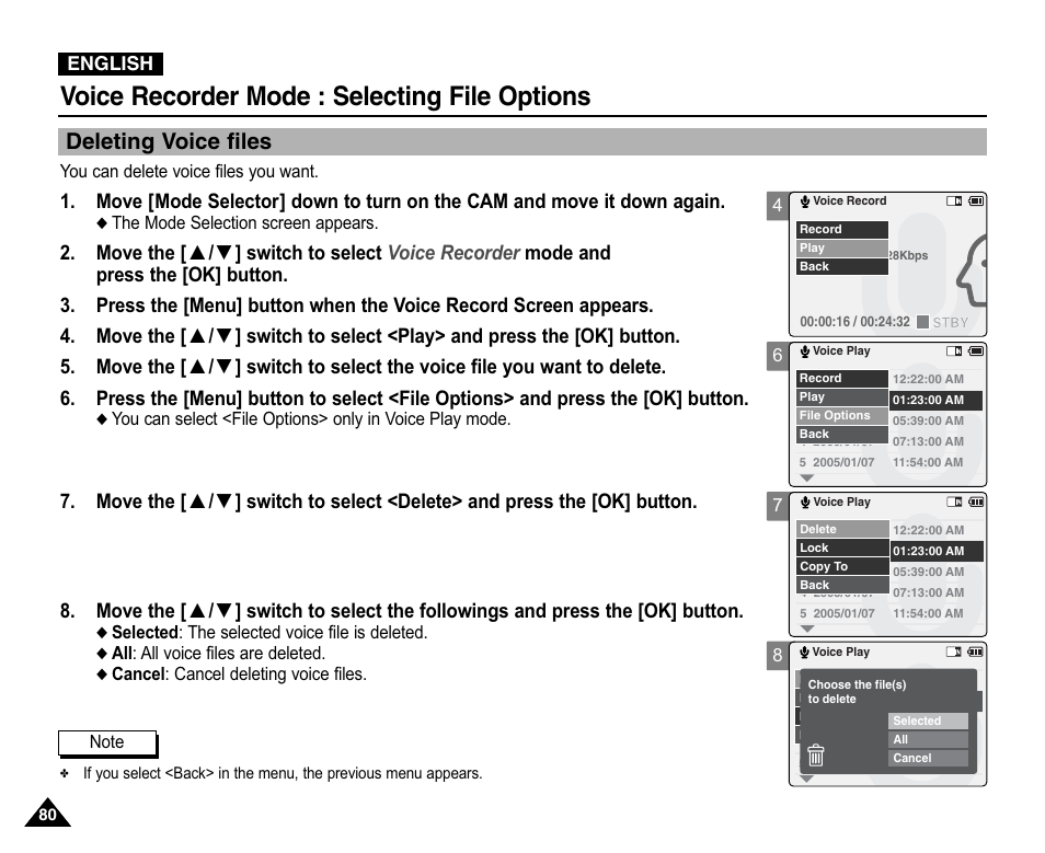 Selecting file options, Deleting voice files, Voice recorder mode : selecting file options | Samsung VP-X110L User Manual | Page 80 / 140