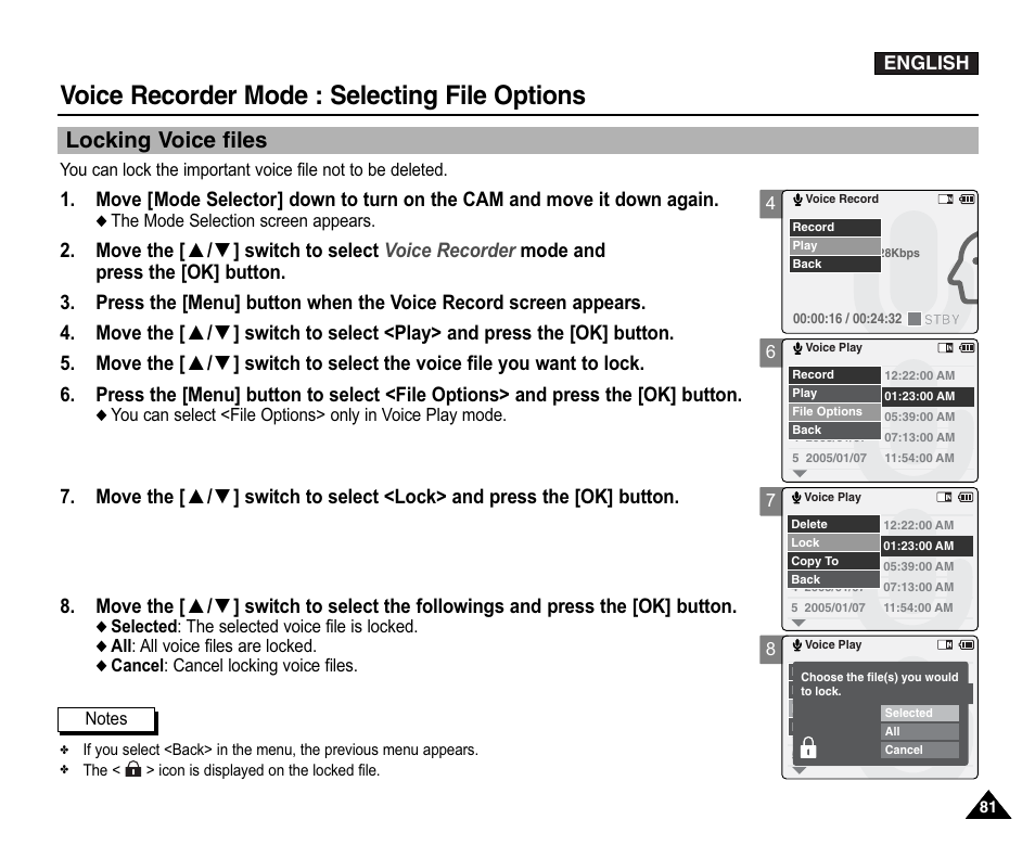 Locking voice files, Voice recorder mode : selecting file options | Samsung VP-X110L User Manual | Page 81 / 140