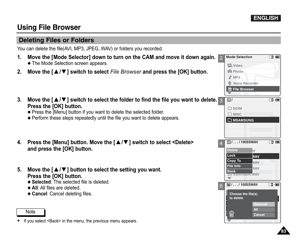 Using file browser, Deleting files or folders | Samsung VP-X110L User Manual | Page 83 / 140