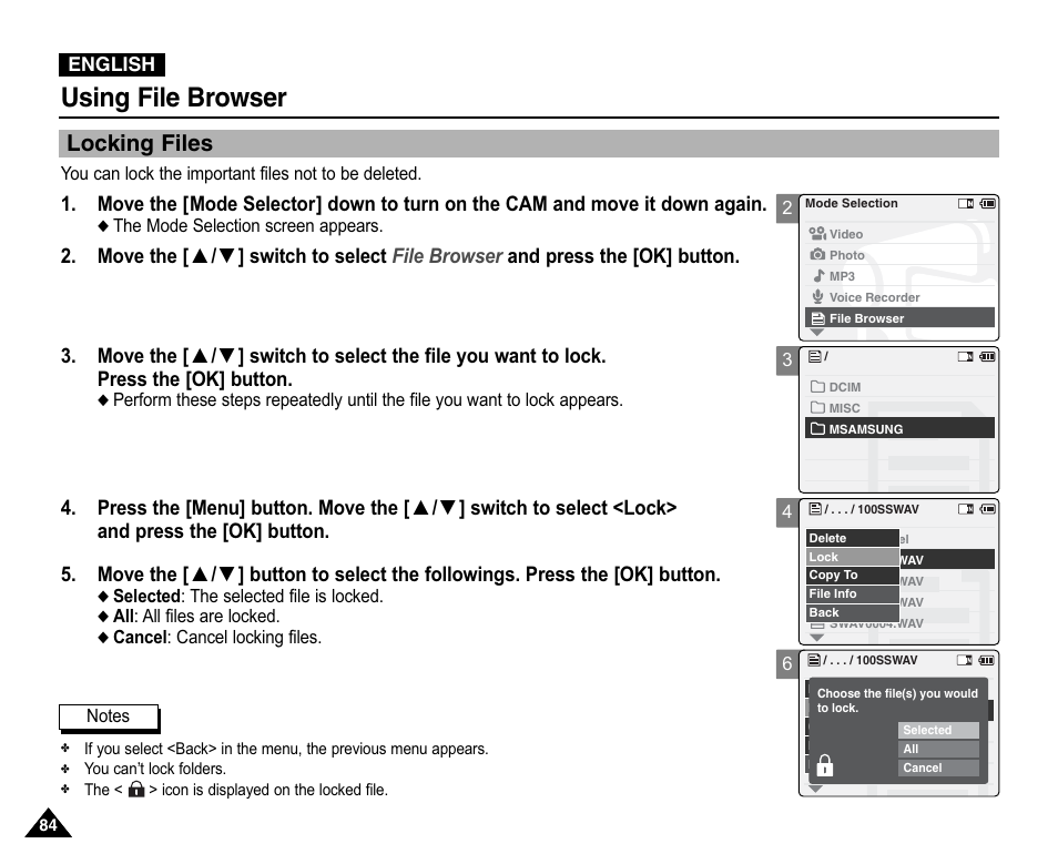 Locking files, Using file browser | Samsung VP-X110L User Manual | Page 84 / 140