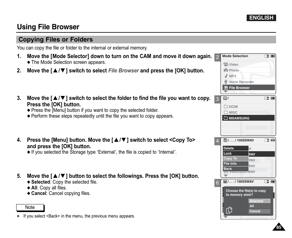 Copying files or folders, Using file browser | Samsung VP-X110L User Manual | Page 85 / 140