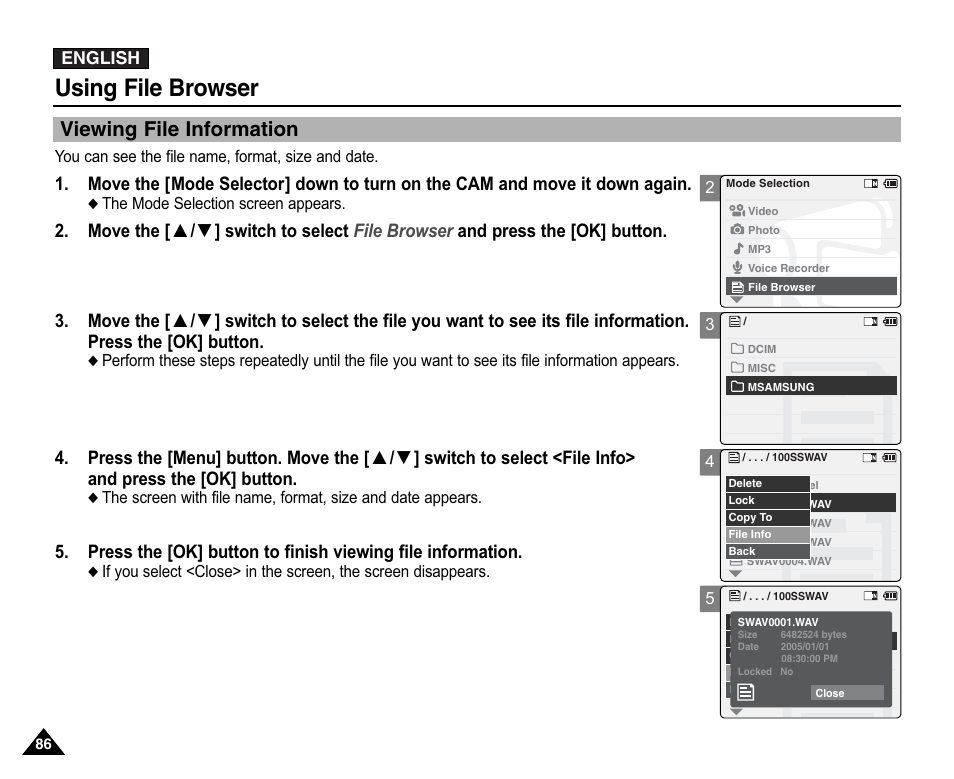 Viewing file information, Using file browser | Samsung VP-X110L User Manual | Page 86 / 140