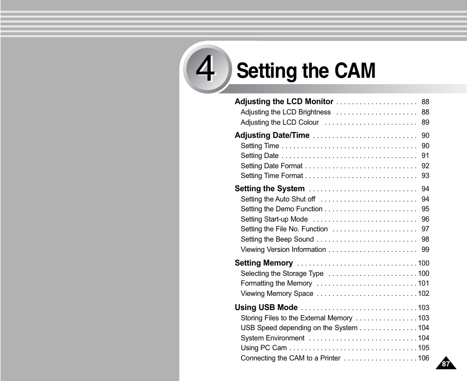 Setting the cam | Samsung VP-X110L User Manual | Page 87 / 140