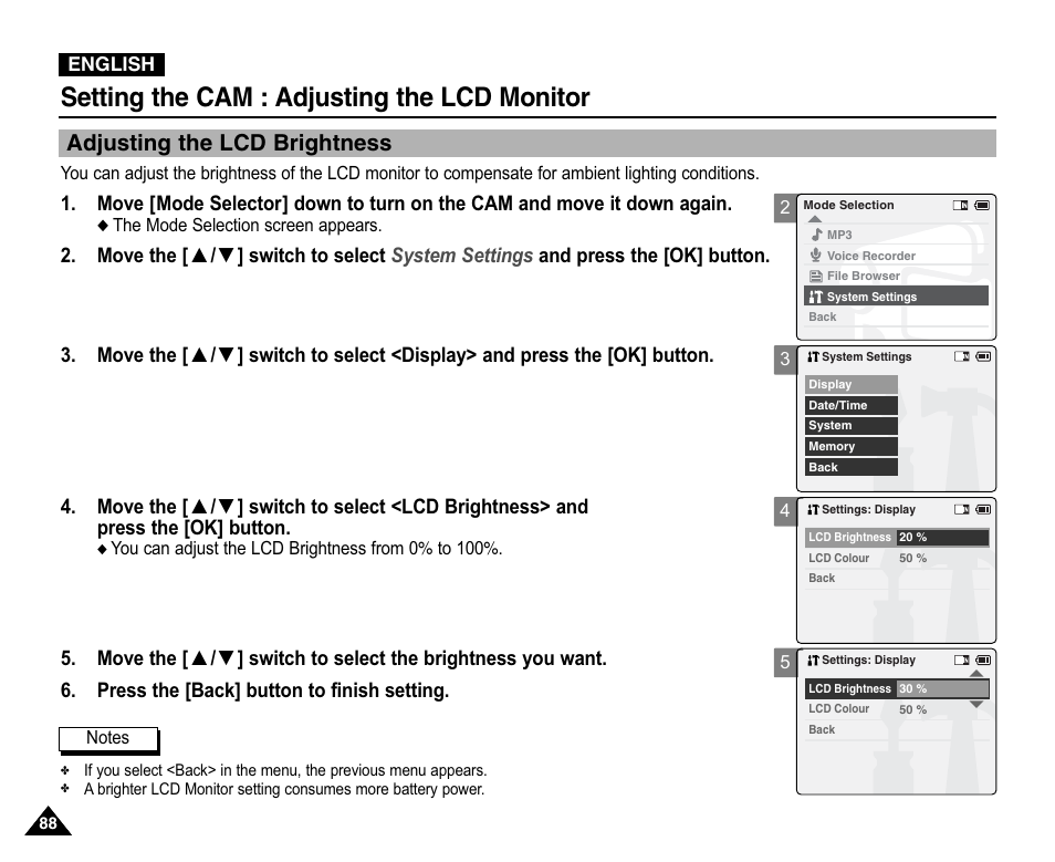 Adjusting the lcd monitor, Adjusting the lcd brightness, Setting the cam : adjusting the lcd monitor | Samsung VP-X110L User Manual | Page 88 / 140