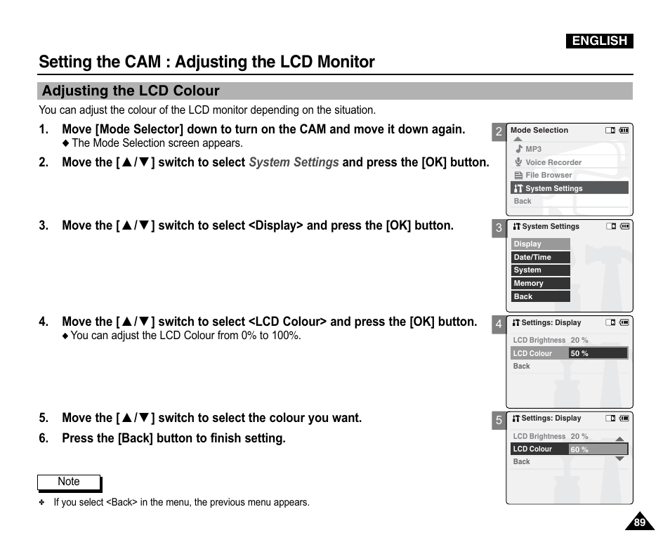 Adjusting the lcd colour, Setting the cam : adjusting the lcd monitor, Press the [back] button to finish setting | Samsung VP-X110L User Manual | Page 89 / 140