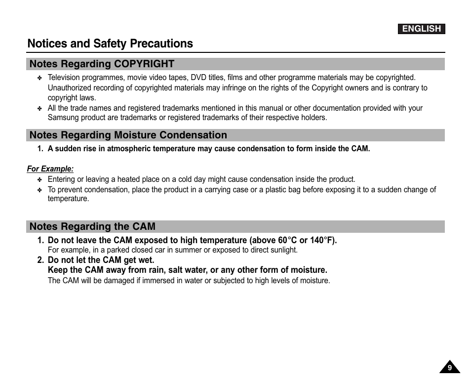 Notes regarding copyright, Notes regarding moisture condensation, Notes regarding the cam | Notices and safety precautions | Samsung VP-X110L User Manual | Page 9 / 140