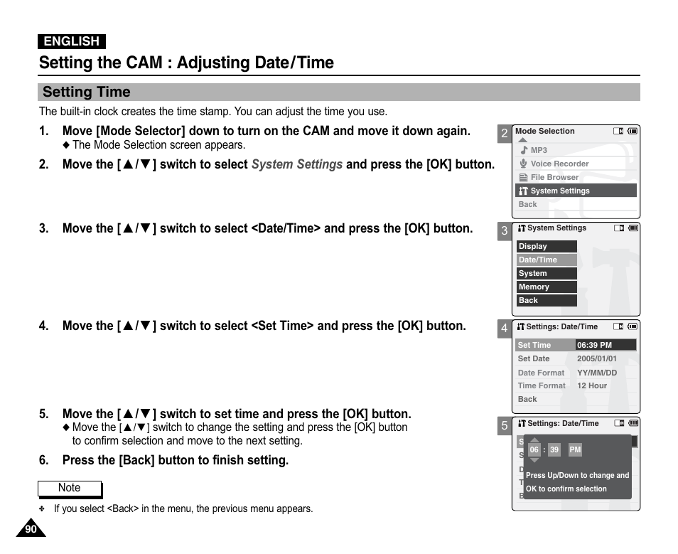 Adjusting date/time, Setting time, Setting the cam : adjusting date/time | Press the [back] button to finish setting | Samsung VP-X110L User Manual | Page 90 / 140