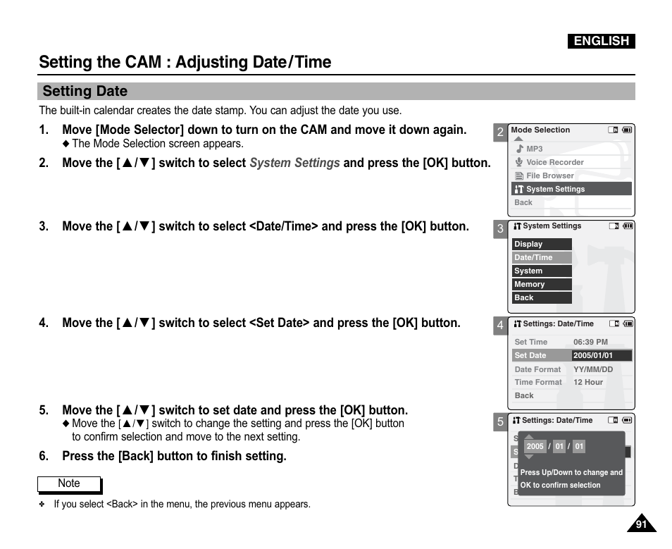 Setting date, Setting the cam : adjusting date/time, Press the [back] button to finish setting | Samsung VP-X110L User Manual | Page 91 / 140