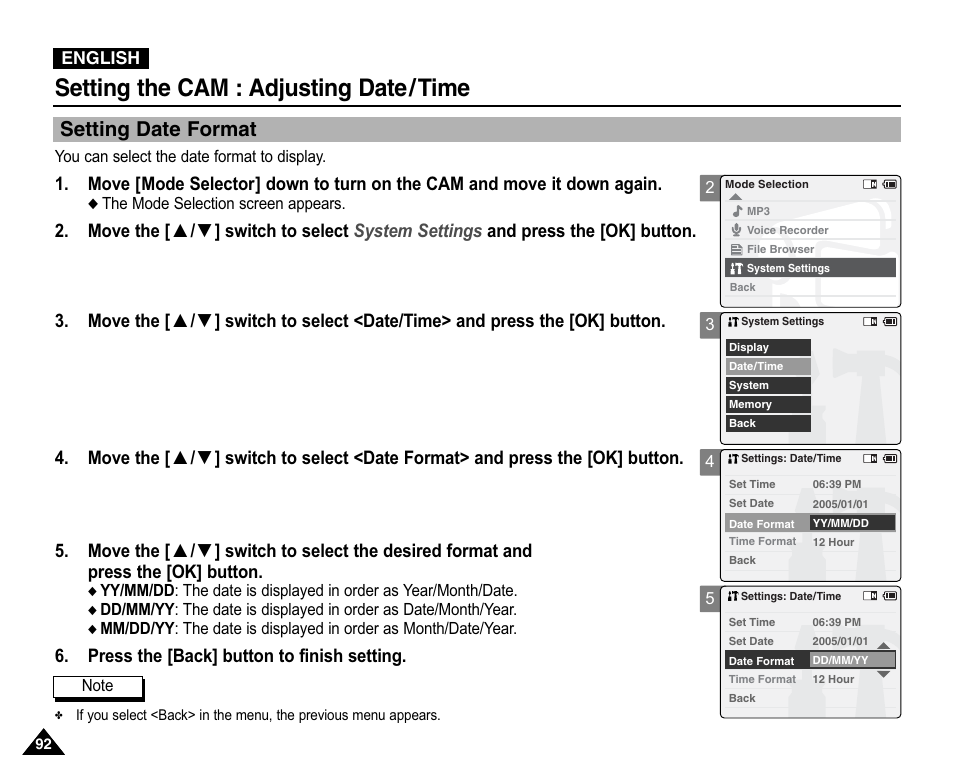 Setting date format, Setting the cam : adjusting date/time, Press the [back] button to finish setting | Samsung VP-X110L User Manual | Page 92 / 140