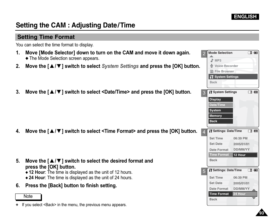 Setting time format, Setting the cam : adjusting date/time, Press the [back] button to finish setting | Samsung VP-X110L User Manual | Page 93 / 140