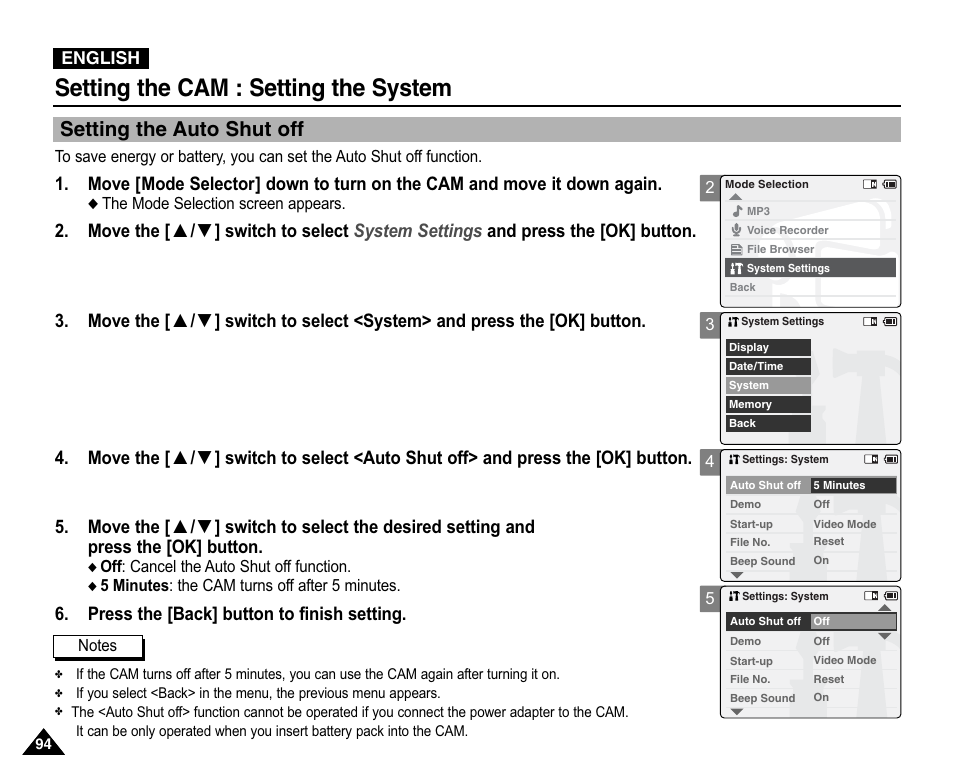 Setting the system, Setting the auto shut off, Setting the cam : setting the system | Press the [back] button to finish setting | Samsung VP-X110L User Manual | Page 94 / 140