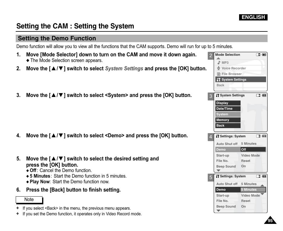 Setting the demo function, Setting the cam : setting the system, Press the [back] button to finish setting | Samsung VP-X110L User Manual | Page 95 / 140