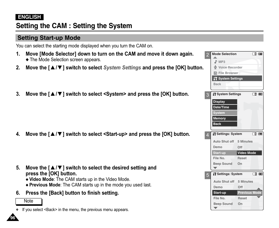 Setting start-up mode, Setting the cam : setting the system, Press the [back] button to finish setting | Samsung VP-X110L User Manual | Page 96 / 140