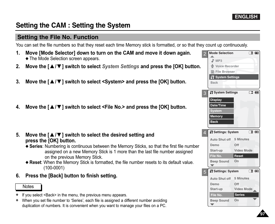 Setting the file no function, Setting the cam : setting the system, Setting the file no. function | Press the [back] button to finish setting | Samsung VP-X110L User Manual | Page 97 / 140