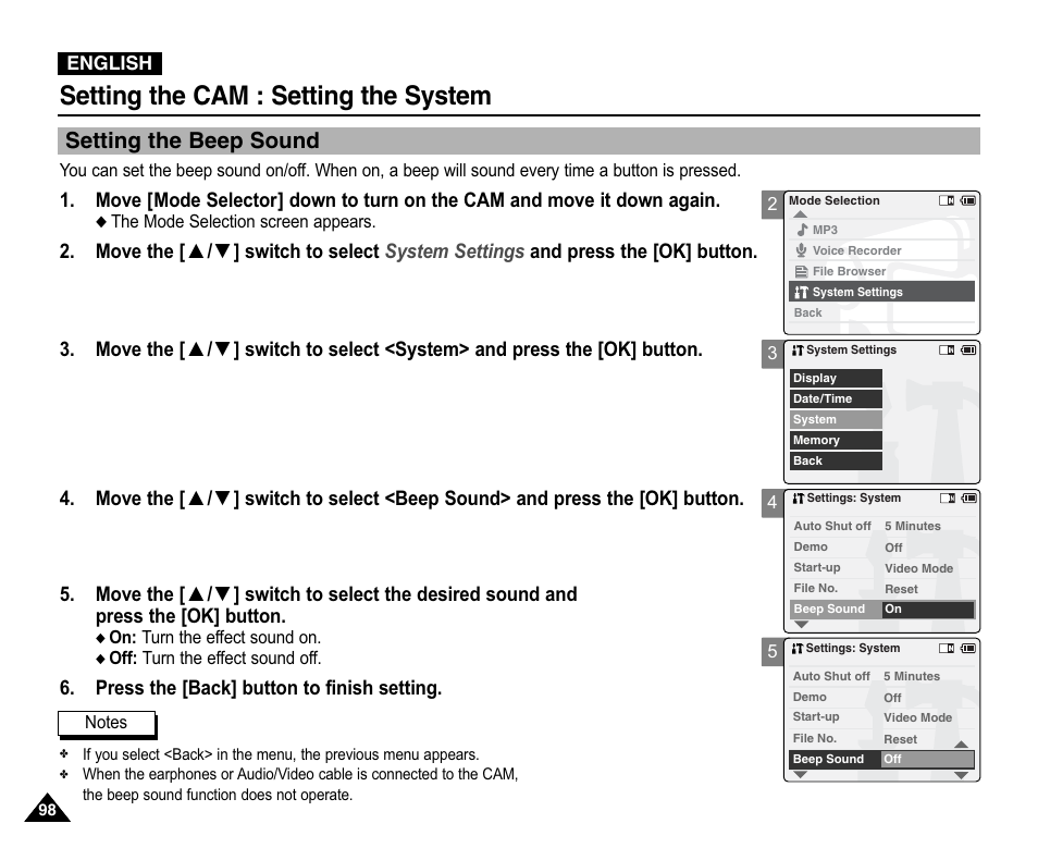 Setting the beep sound, Setting the cam : setting the system, Press the [back] button to finish setting | Samsung VP-X110L User Manual | Page 98 / 140