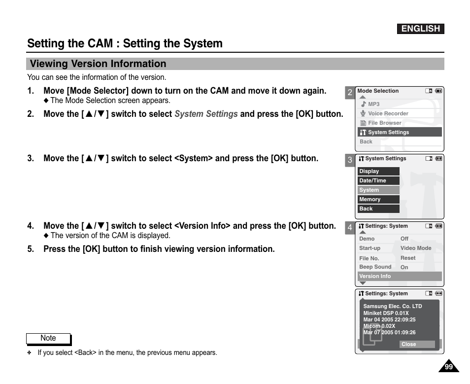 Viewing version information, Setting the cam : setting the system | Samsung VP-X110L User Manual | Page 99 / 140