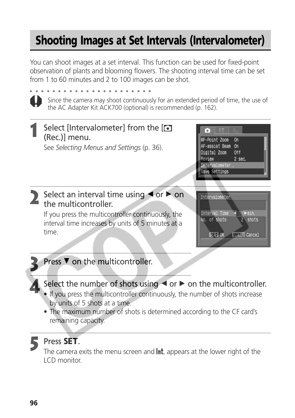 Shooting images at set intervals (intervalometer), Select [intervalometer] from the [ (rec.)] menu, Press d on the multicontroller | Press | Samsung CDI-E090-010 User Manual | Page 102 / 186