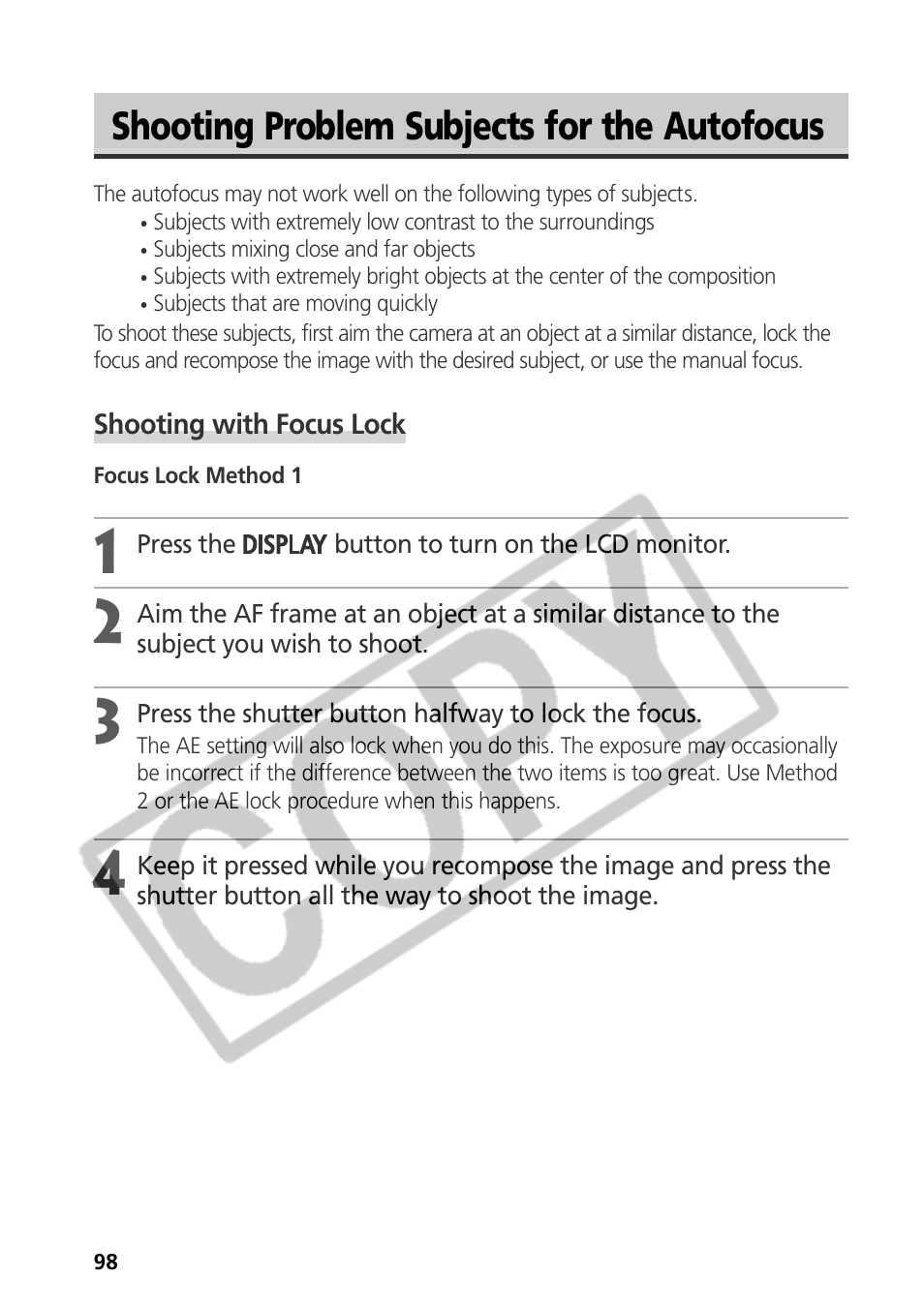 Shooting problem subjects for the autofocus | Samsung CDI-E090-010 User Manual | Page 104 / 186