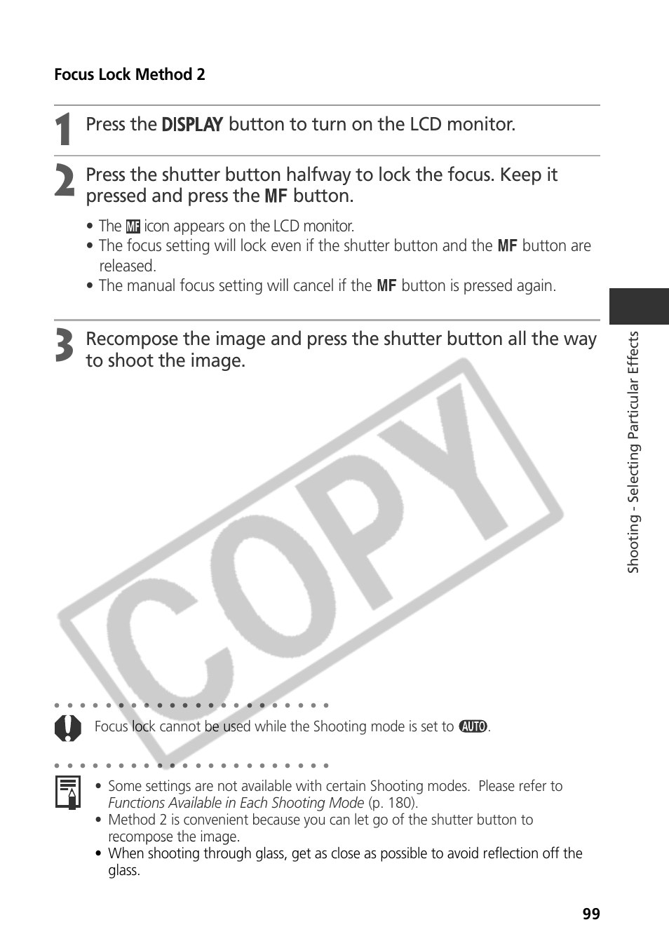 Press the button to turn on the lcd monitor, Focus lock method 2, Shooting - selecting par ticular ef fects | Samsung CDI-E090-010 User Manual | Page 105 / 186