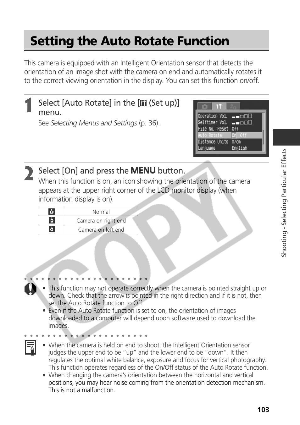 Setting the auto rotate function, Select [auto rotate] in the [ (set up)] menu, Select [on] and press the button | See selecting menus and settings (p. 36), Shooting - selecting par ticular ef fects, Normal camera on right end camera on left end | Samsung CDI-E090-010 User Manual | Page 109 / 186