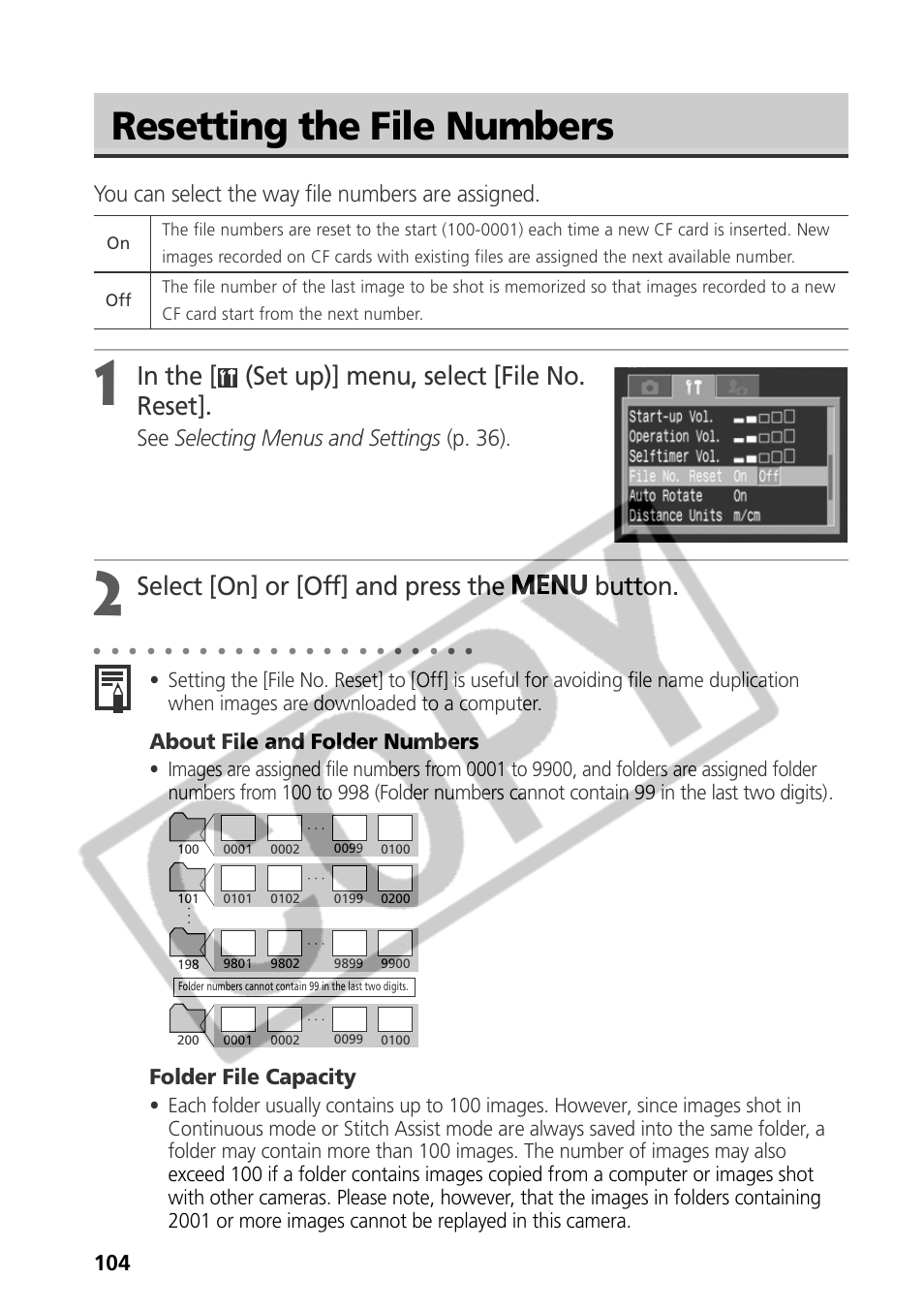 Resetting the file numbers, Select [on] or [off] and press the button, You can select the way file numbers are assigned | See selecting menus and settings (p. 36), About file and folder numbers, Folder file capacity | Samsung CDI-E090-010 User Manual | Page 110 / 186
