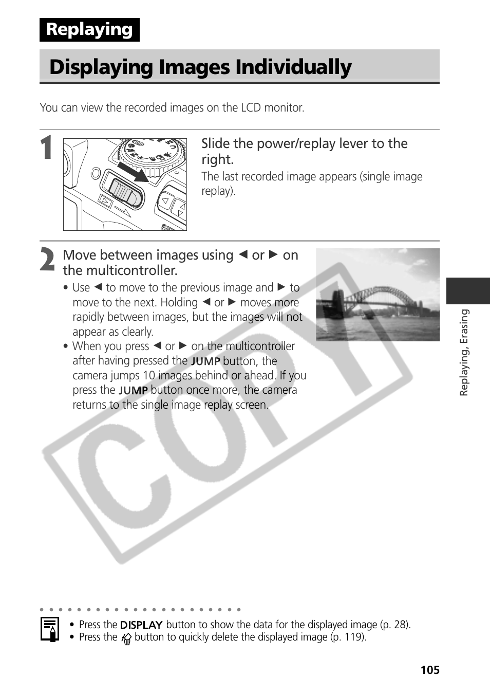 Displaying images individually, Replaying, Slide the power/replay lever to the right | Samsung CDI-E090-010 User Manual | Page 111 / 186