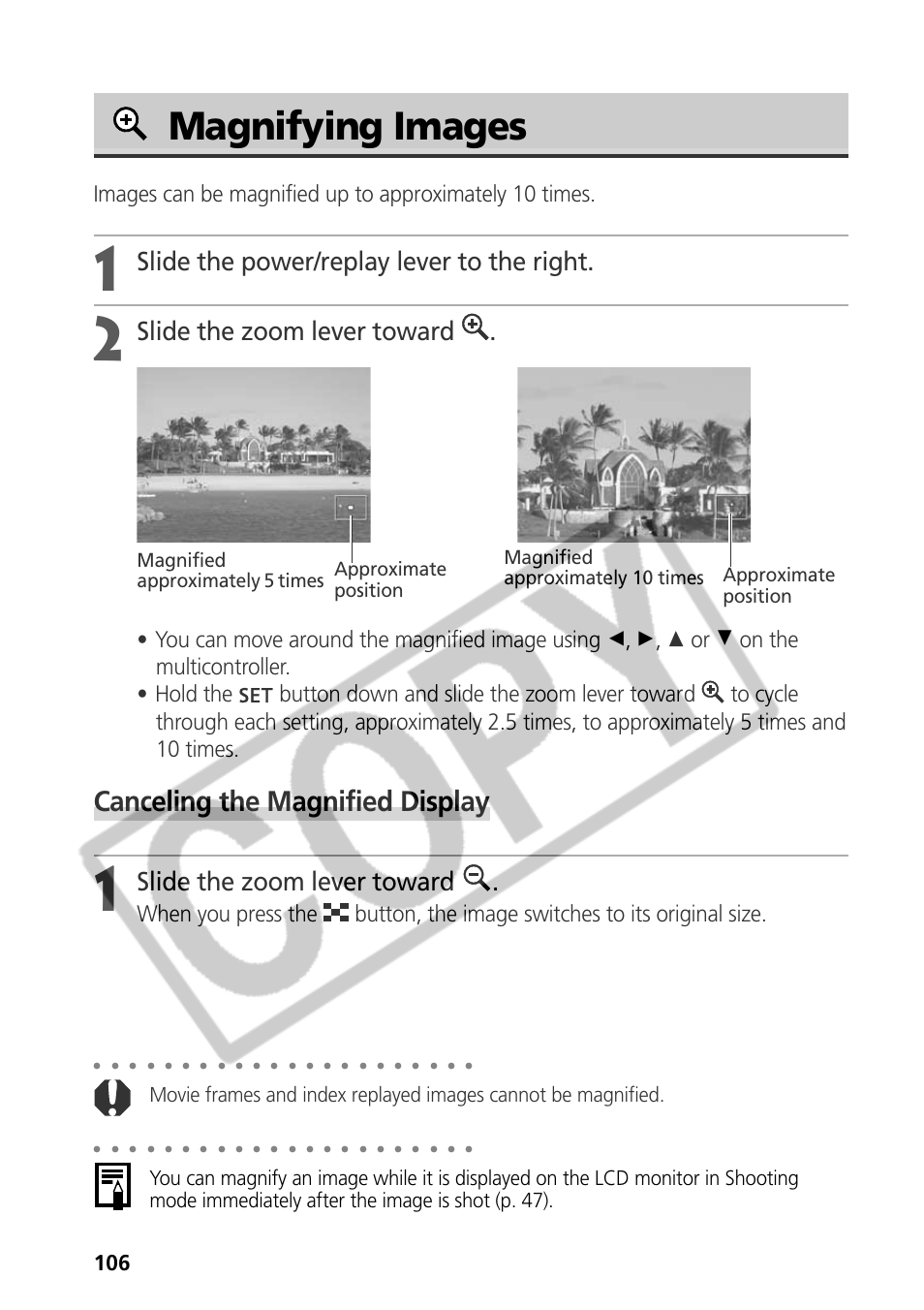 Magnifying images, Canceling the magnified display, Slide the power/replay lever to the right | Slide the zoom lever toward | Samsung CDI-E090-010 User Manual | Page 112 / 186