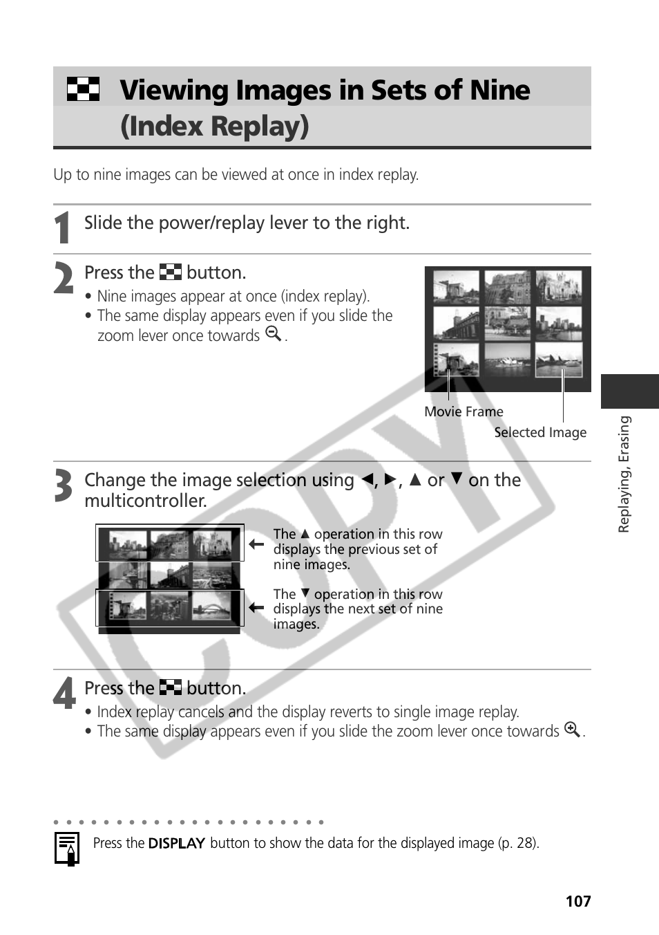 Viewing images in sets of nine (index replay), Slide the power/replay lever to the right, Press the button | Samsung CDI-E090-010 User Manual | Page 113 / 186