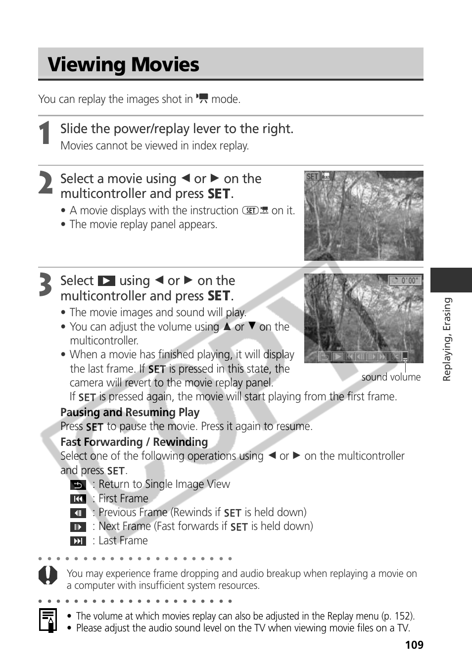 Viewing movies, Slide the power/replay lever to the right, You can replay the images shot in mode | Movies cannot be viewed in index replay, Sound volume, Replaying, erasing | Samsung CDI-E090-010 User Manual | Page 115 / 186