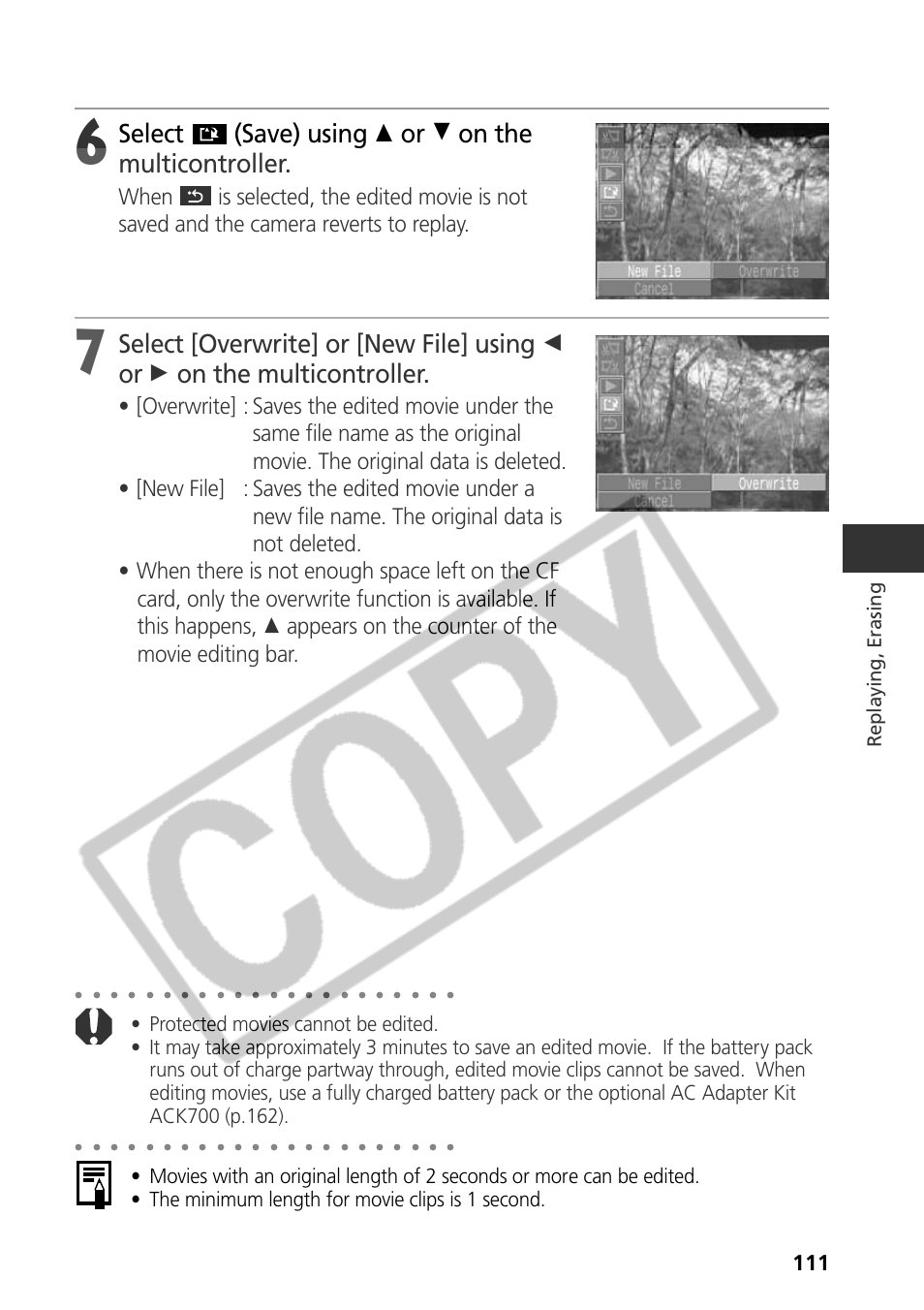 Select (save) using c or d on the multicontroller, Replaying, erasing | Samsung CDI-E090-010 User Manual | Page 117 / 186