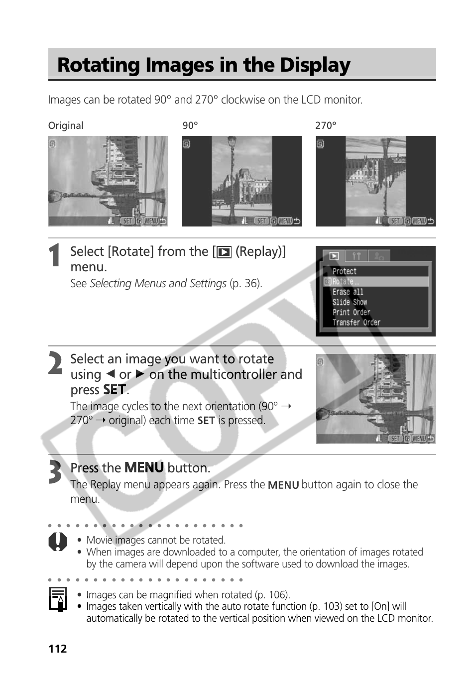 Rotating images in the display, Select [rotate] from the [ (replay)] menu, Press the button | See selecting menus and settings (p. 36) | Samsung CDI-E090-010 User Manual | Page 118 / 186