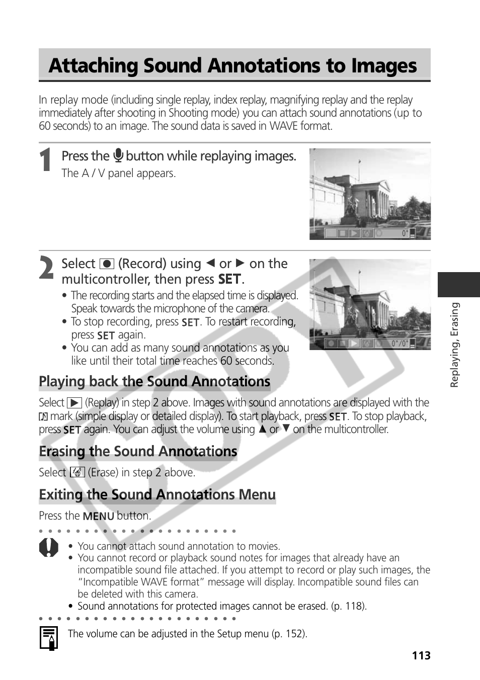 Attaching sound annotations to images, Playing back the sound annotations, Erasing the sound annotations | Exiting the sound annotations menu, Press the button while replaying images, The a / v panel appears, Select (erase) in step 2 above, Press the button, Replaying, erasing | Samsung CDI-E090-010 User Manual | Page 119 / 186