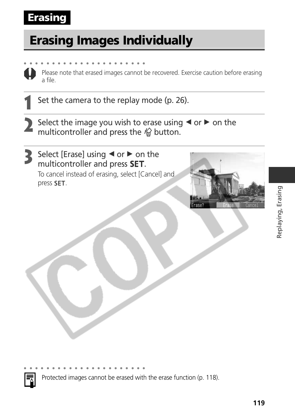 Erasing images individually, Erasing, Set the camera to the replay mode (p. 26) | Replaying, erasing | Samsung CDI-E090-010 User Manual | Page 125 / 186