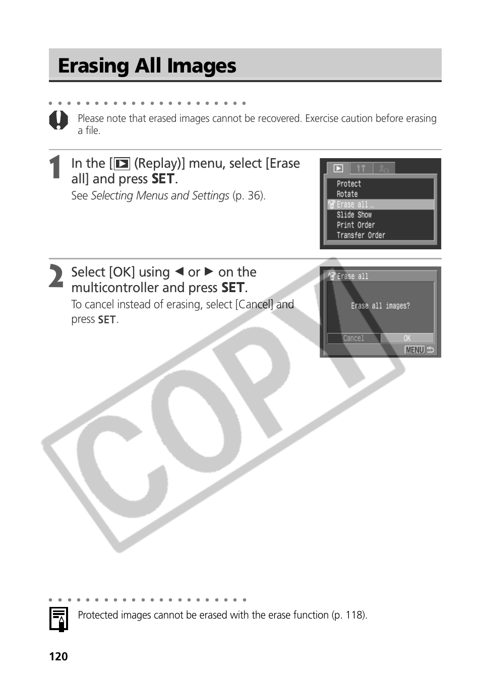 Erasing all images, See selecting menus and settings (p. 36) | Samsung CDI-E090-010 User Manual | Page 126 / 186
