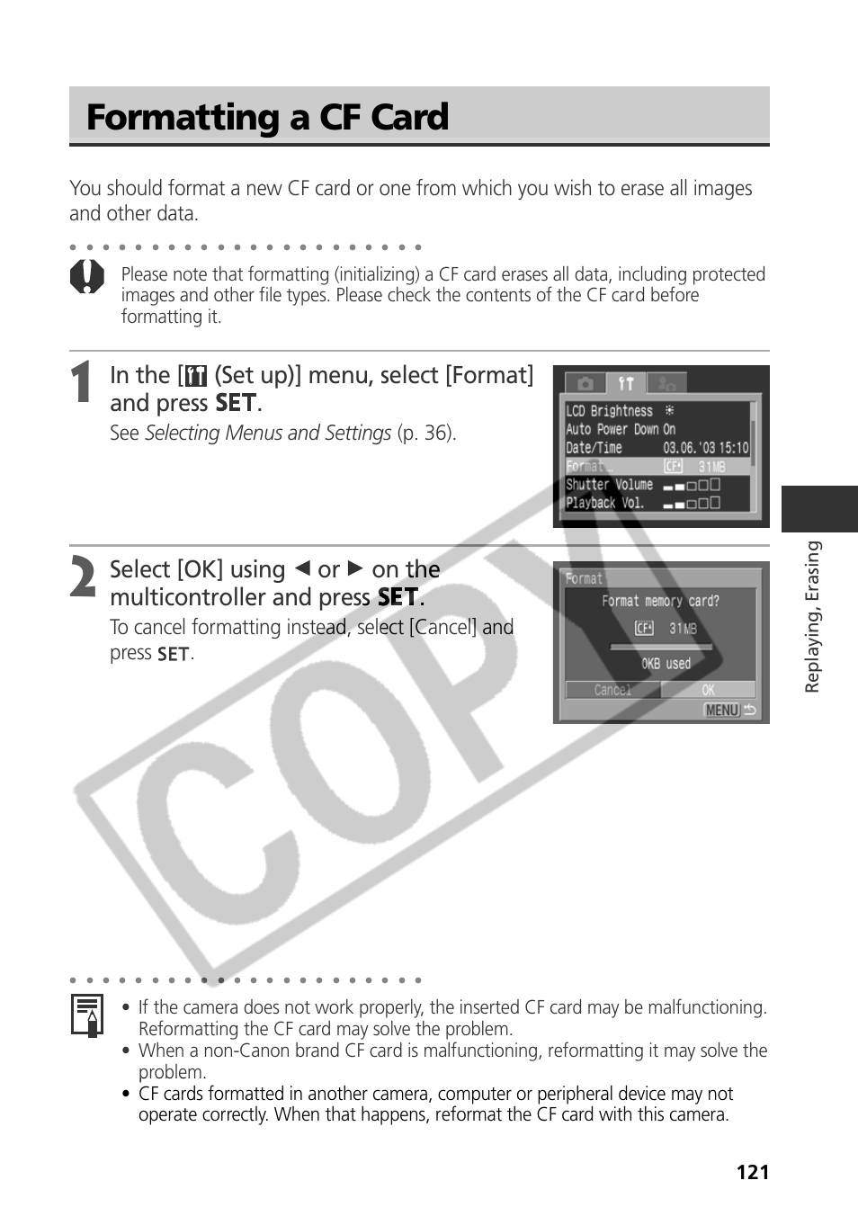 Formatting a cf card, See selecting menus and settings (p. 36), Replaying, erasing | Samsung CDI-E090-010 User Manual | Page 127 / 186