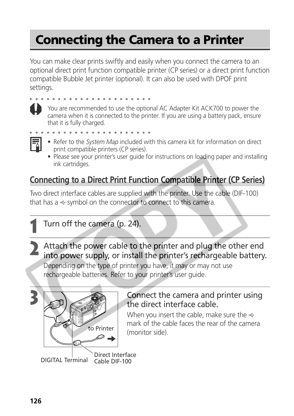 Connecting the camera to a printer, Turn off the camera (p. 24) | Samsung CDI-E090-010 User Manual | Page 132 / 186